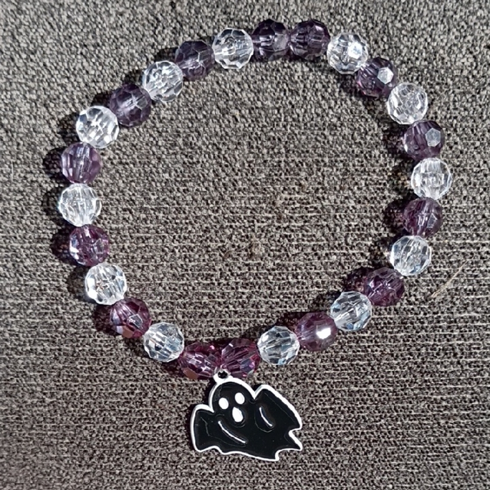 Purple and Clear Beaded Bracelet with Ghost Charm